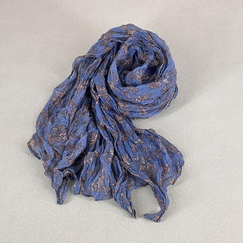 Artistic Retro Floral Pleated Scarf for Women in Spring and Autumn Sunscreen and Neck Protection Scarf