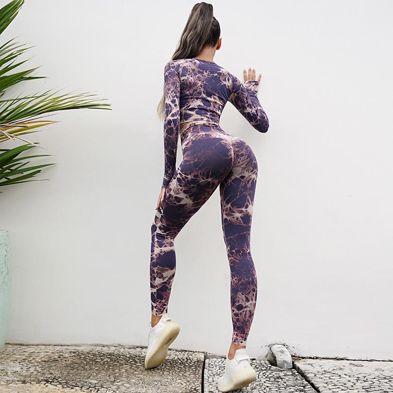 Naadloze tie-dye yogaset voor dames: Broek met hoge taille en heuplift en top met lange mouwen