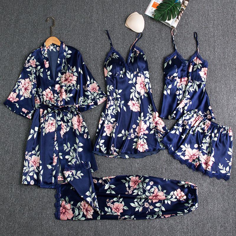 Women's Five-Piece Silk Pajama Set - Sensual Padded Nightdress and Battleship Print for Spring & Summer