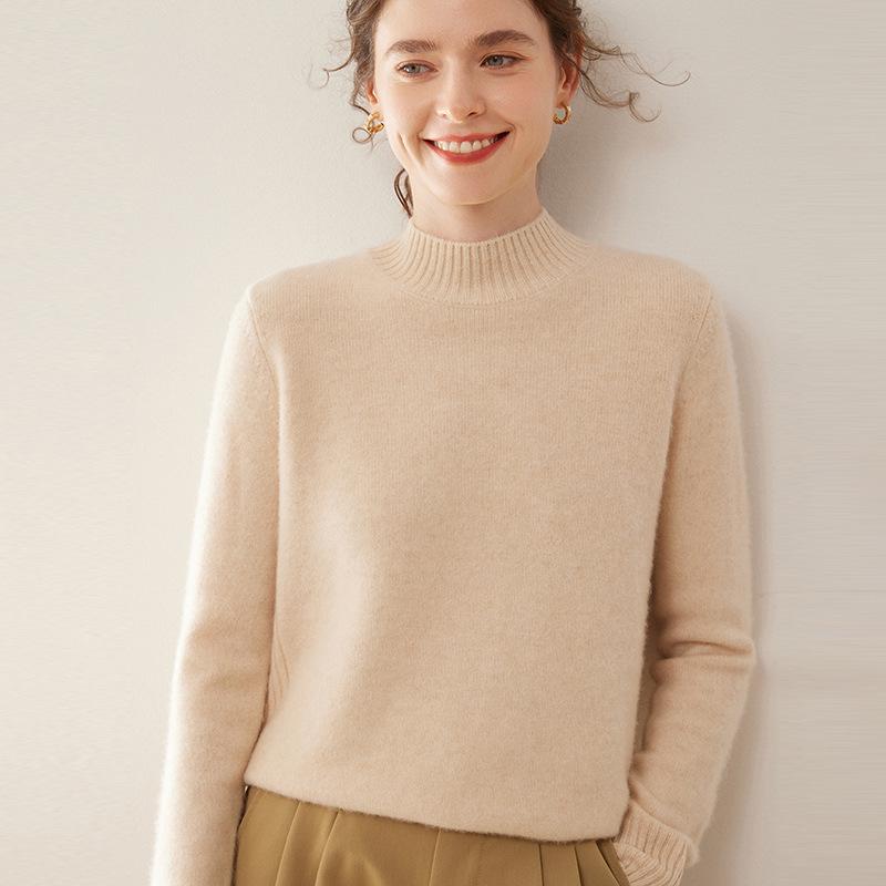 2024 Autumn/Winter Korean Style Women's Cashmere Knit Pullover with Half-High Collar