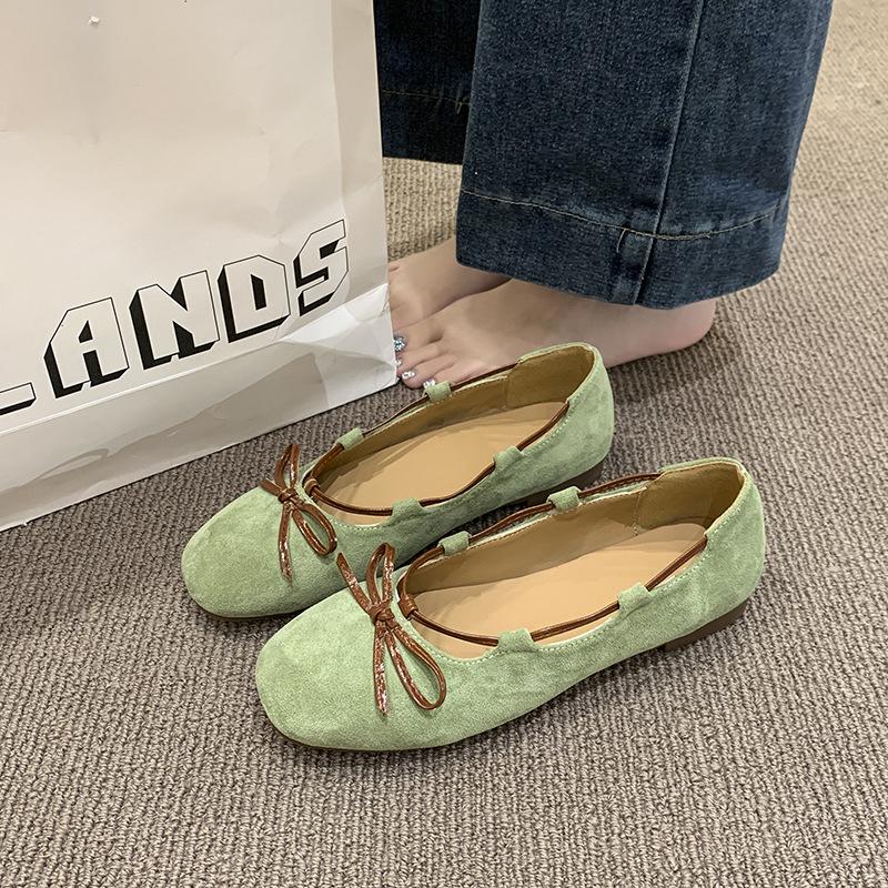 

Французский бант круглый носок балетки женские 2025 новые контрастного цвета матовые плоские туфли Мэри Джейн с открытым верхом одинарные туфли 40 зелёный