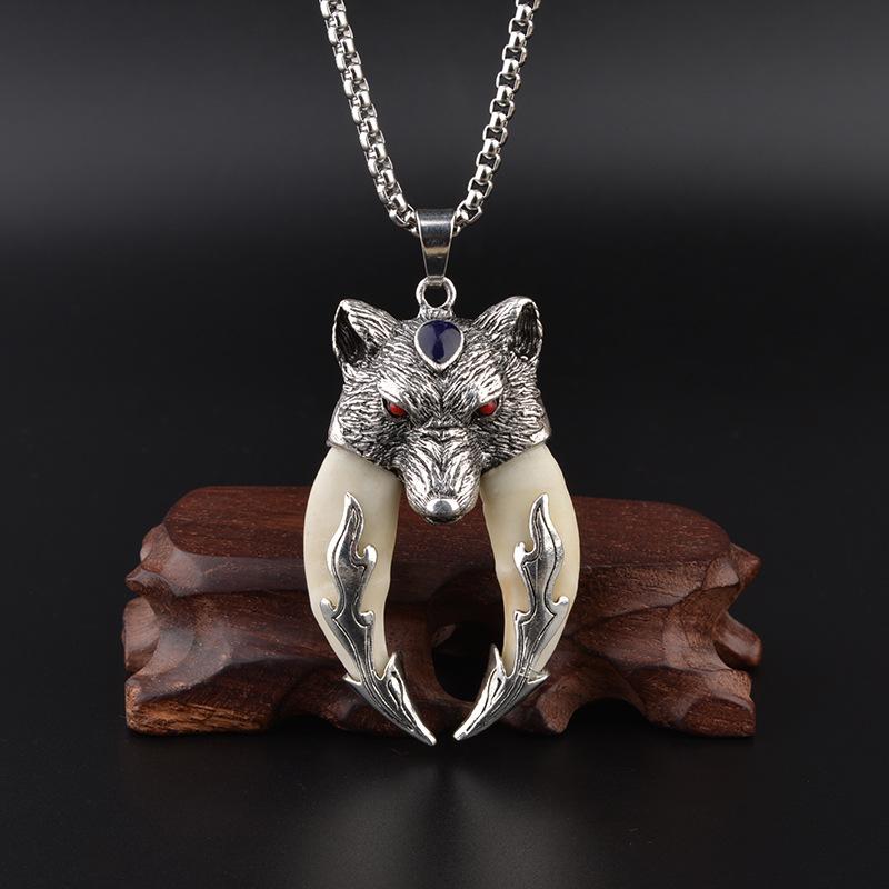 Antique Double Boar Tooth Silver Wolf Protective Talisman Pendant Necklace Gift