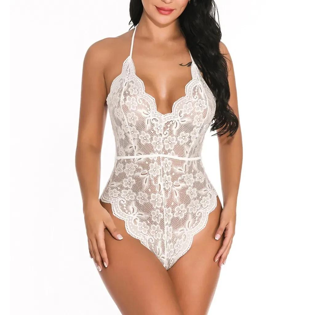 Deep V See Through Halter Dress Sexy Lingerie Women Erotic Backless Pajamas Lace Babydoll Sensual Crotchless Underwear
