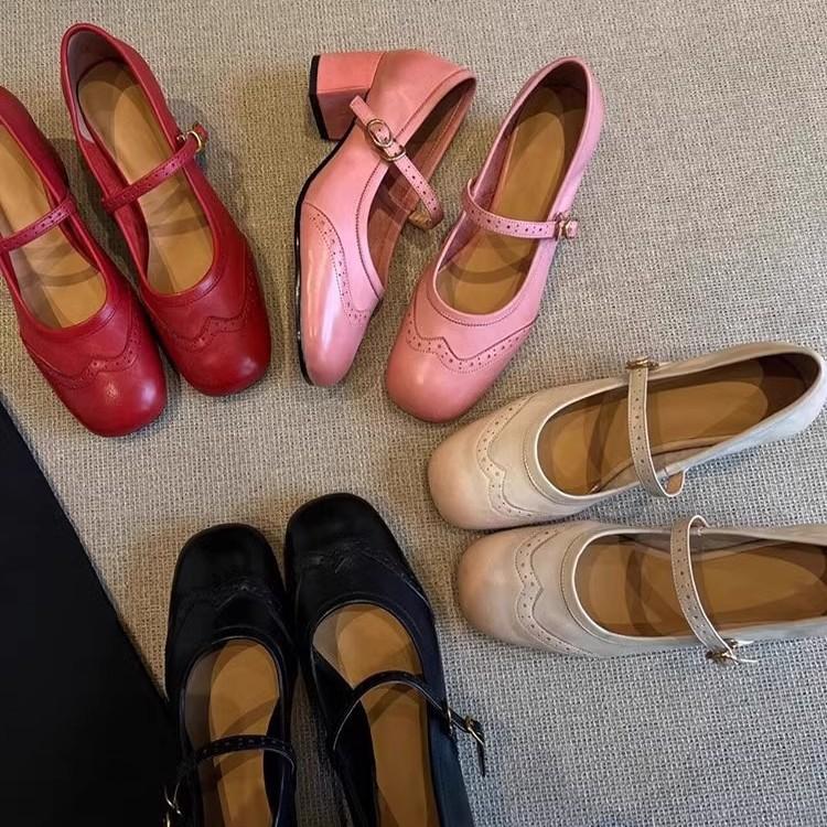 French retro red high heels women's 2025 spring new one-word with engraved thick heel light mouth ballet shoes