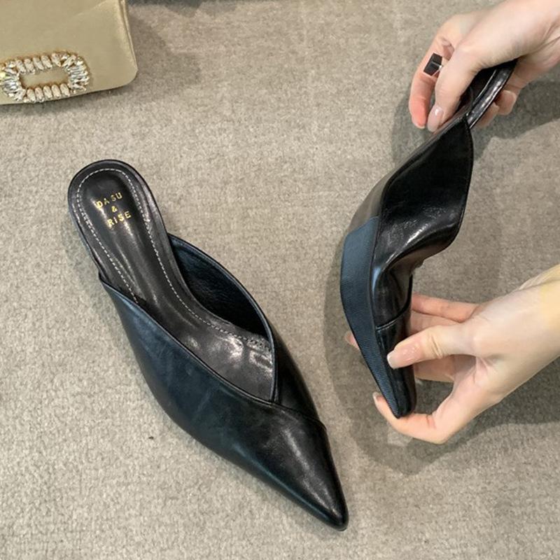 2025 Summer Simple Temperament Bag Head Half Slippers Women's Shoes Wear Versatile One Pedal Middle Heel Sandals