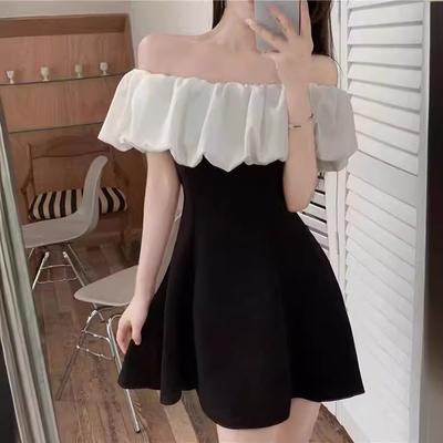 Large Size French Celebrity One-word Collar Off-the-shoulder Dress for Women's Summer New Ruffle Edge Waist Small Black Dress Short Skirt