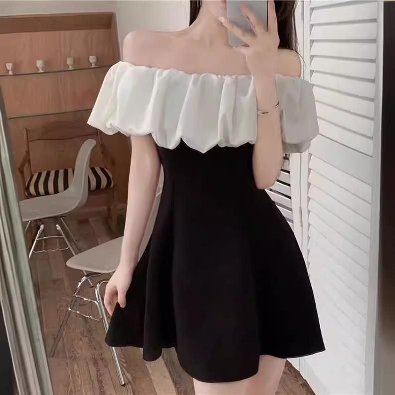 

Large size French celebrity one-word collar off-the-shoulder dress for women s summer new ruffle edge waist small black dress short skirt S чёрный