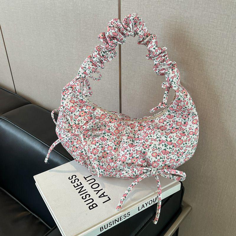 Ditsy Floral Bow Women Crossbody Shoulder Bag,Pleated Canvas Underarm Tote Bag,Petite Floral Print Sweet Handbag,Large Capacity