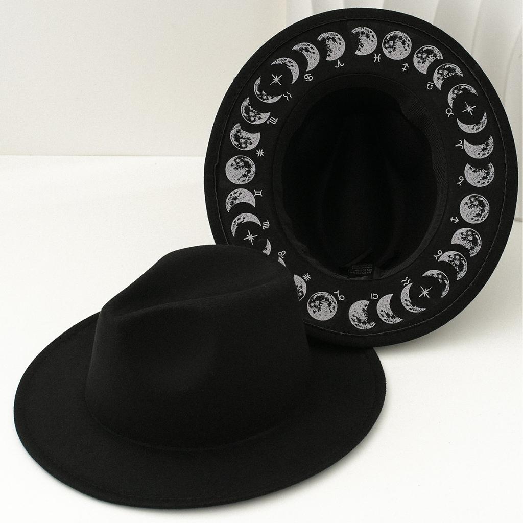 Wildflower Moon Print Fedora Hat Women Men Fashion Personality Autumn Winter Wide Brim Witchy Hat British Retro Flat Top Hat