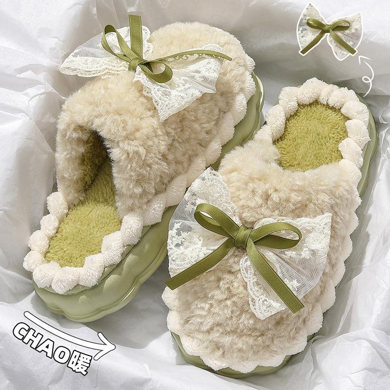 Bow cotton slippers women's winter new indoor home thick bottom non-slip warm fluffy slippers women