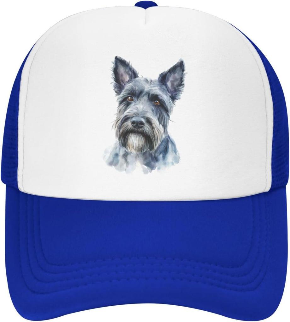 Scottish Terrier Portrait Trucker Hat Watercolor Dog Breed Mesh Baseball Cap Adjustable Outdoor Headwear