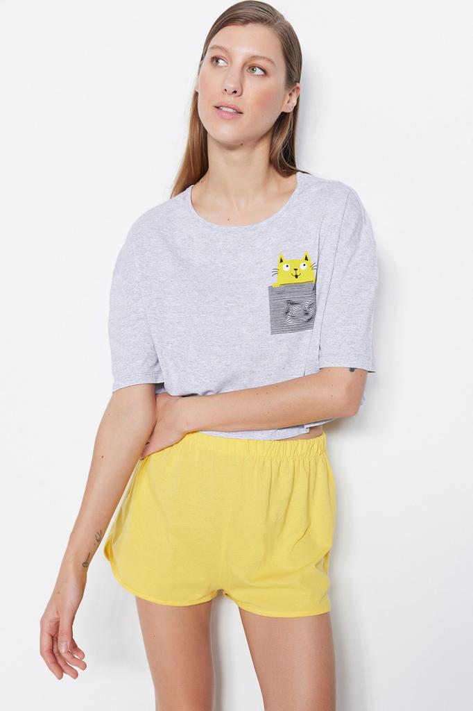 Conjunto de pijama de malha feminino estilo homewear branco multicolorido 100% algodão divertido