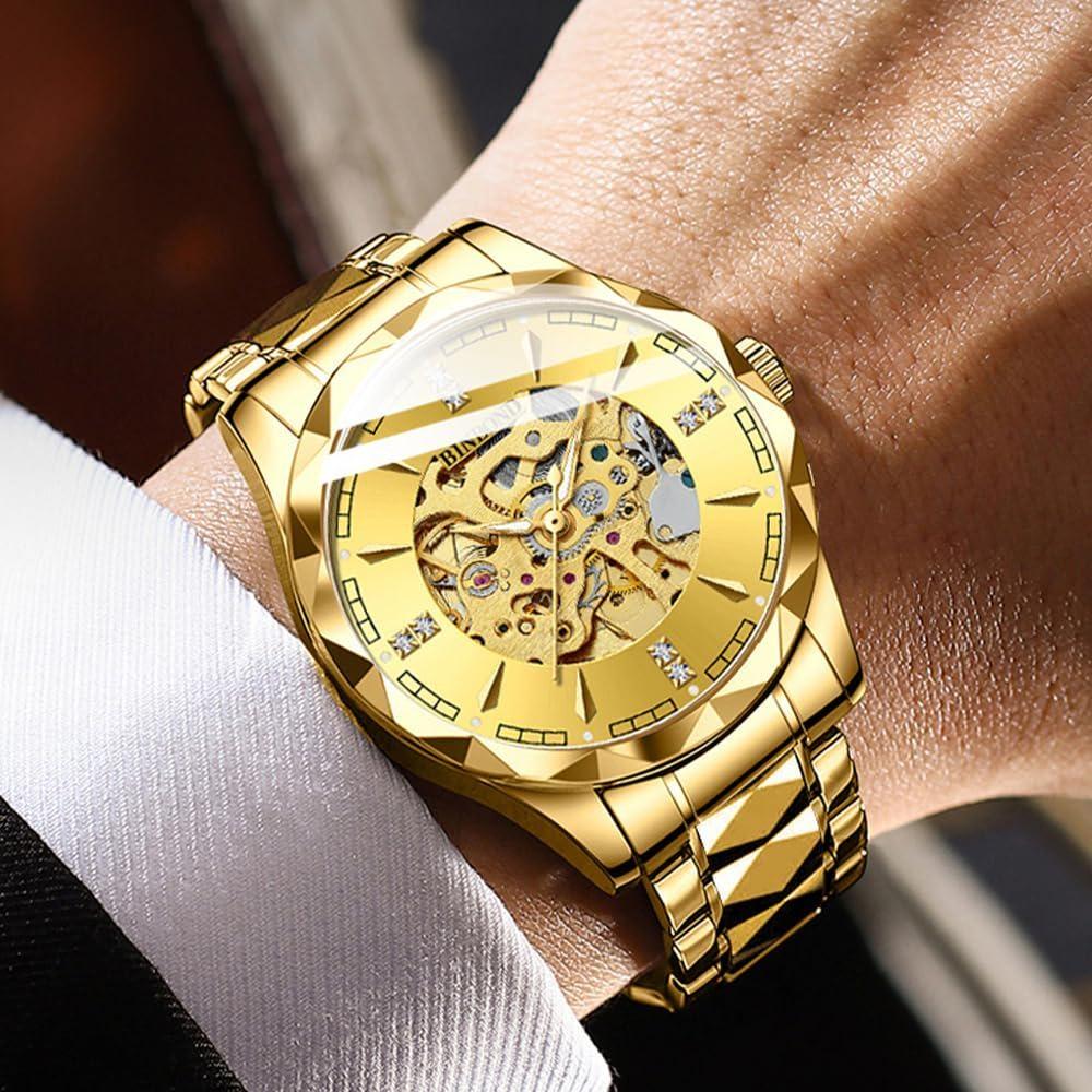 BINBOND Men's Automatic Mechanical Watch Skeleton Hollow Blue Dial Diamond Stainless Steel Waterproof Luxury Business Wristwatch