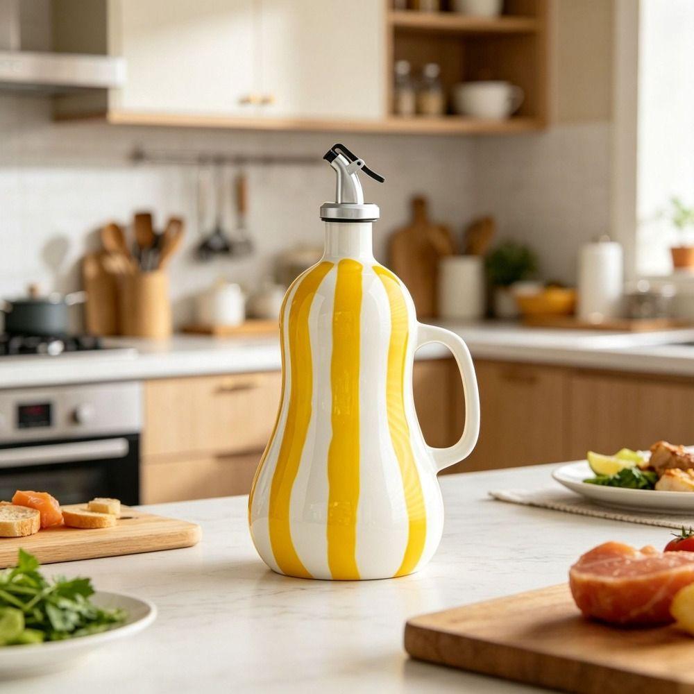 Hand-drawn Stripes Ceramic Oil Bottle Leak-Proof Olive Oil Dispenser Bottle Outdoor