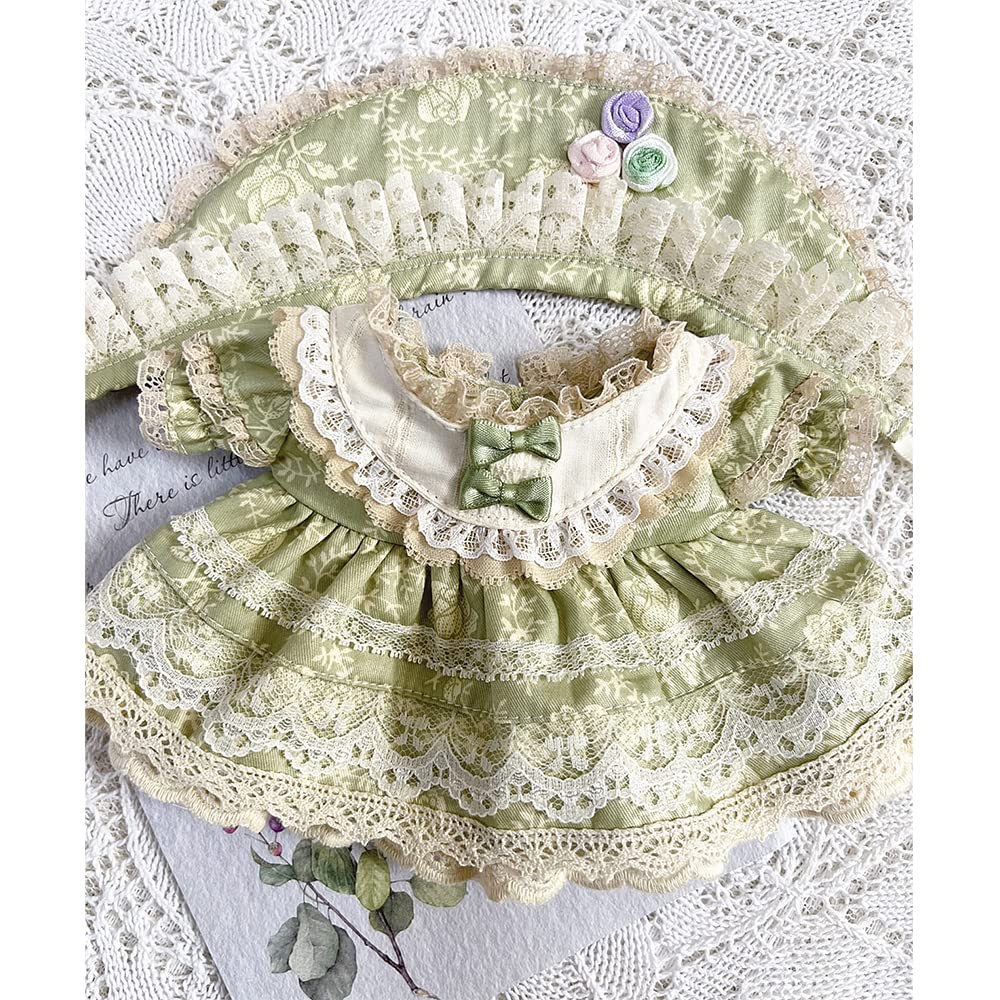 Niannyyhouse 20cm Plush Clothes Vintage Floral Lace Dress Headwear Dress Cotton Doll Accessories (Light Green)