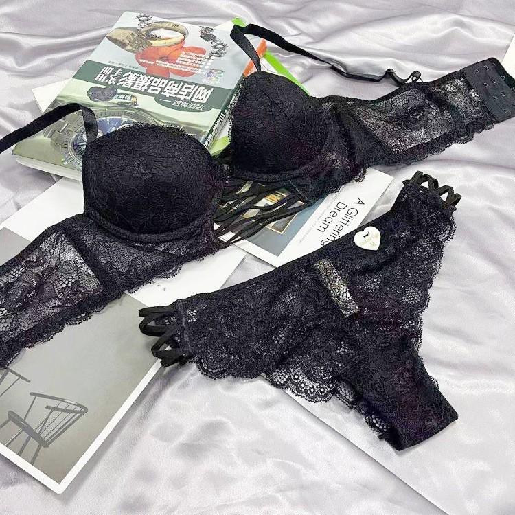 

Французское сексуальное кружевное нижнее белье на бретелях, женский бюстгальтер с тонким верхом и плотным низом, собирающий грудь, с глубоким V-вырезом, для большой груди, маленький бюстгальтер 85C чёрный