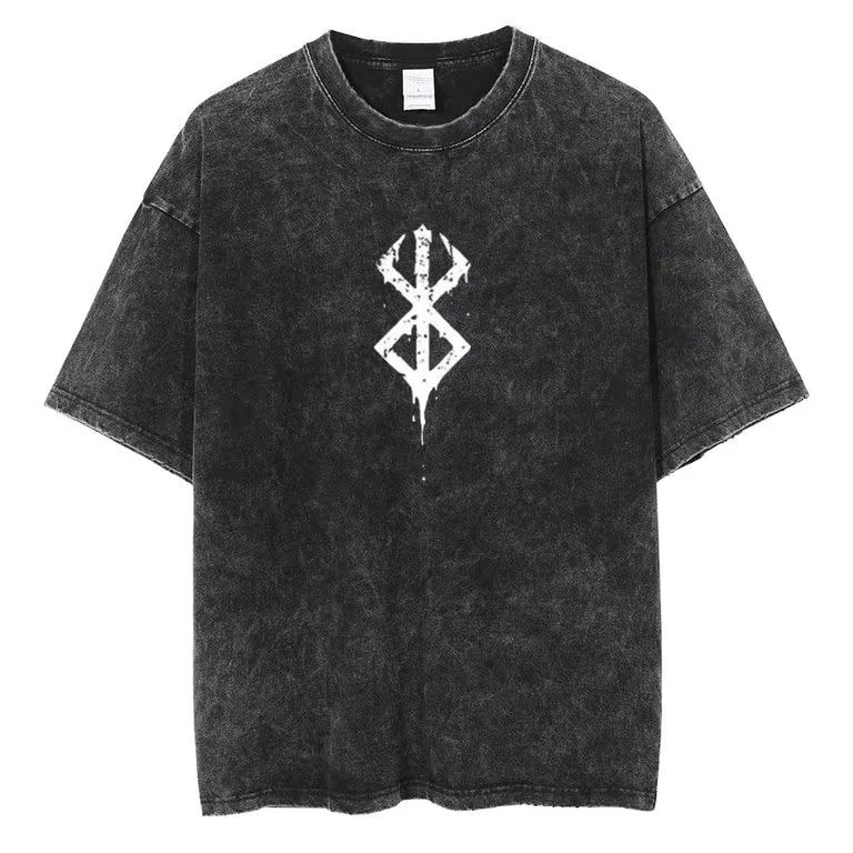 Berserk Japanese Anime Printed Washed T-shirt Men and Women Retro Comfortable Street Style Oversized Summer Short Sleeve Tops