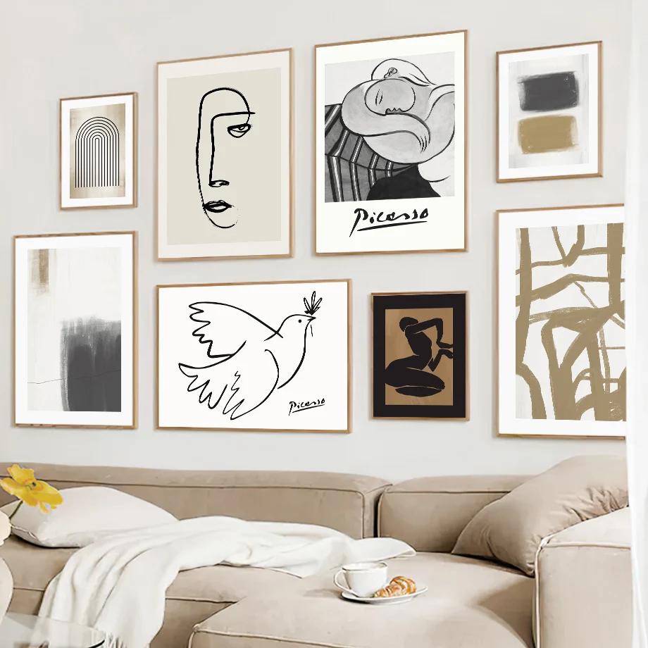 Picasso Line Woman Face Bird Beige Black Wall Art Canvas Painting Geometry Posters And Prints Wall Pictures Living Room Decor