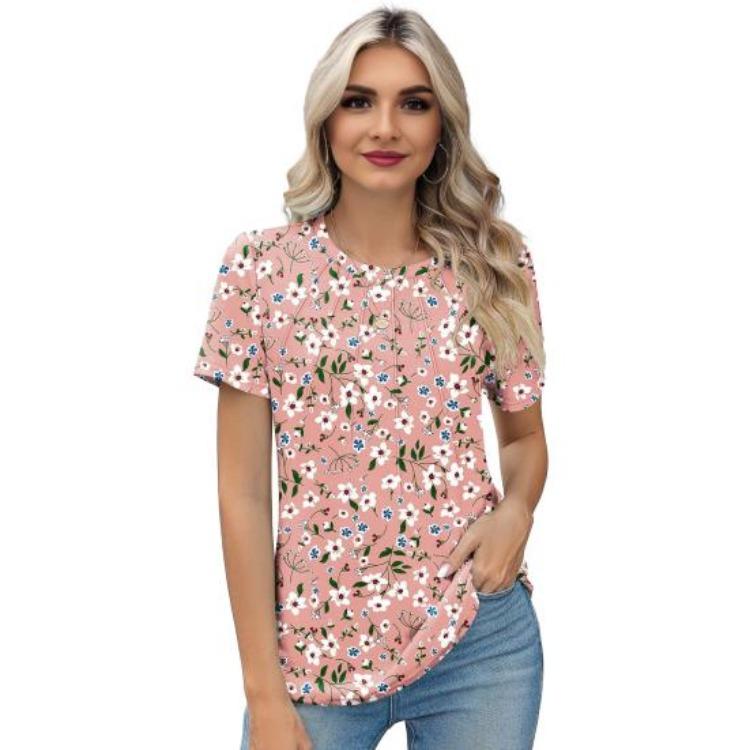 Summer Floral Print T Shirt Women Loose Fit Round Neck Short Sleeve Tee Pullover Tops S