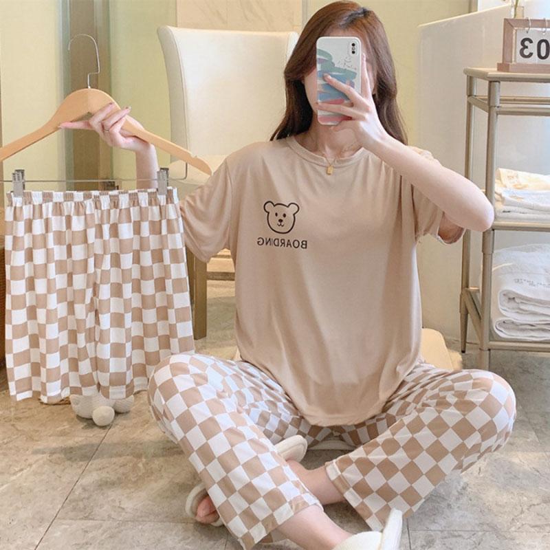 

Nightwear Women Short-Sleeved Cartoon Bear Girl Pajamas Home Wear Round Neck Letters Plaid Ladies Solid Sleepwear Average(40-75kg)
