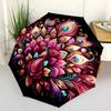 Windproof Portable Automatic Folding Umbrella with Peacock Feather & Gemstone Embroidery, 8-Rib, Plastic Handle