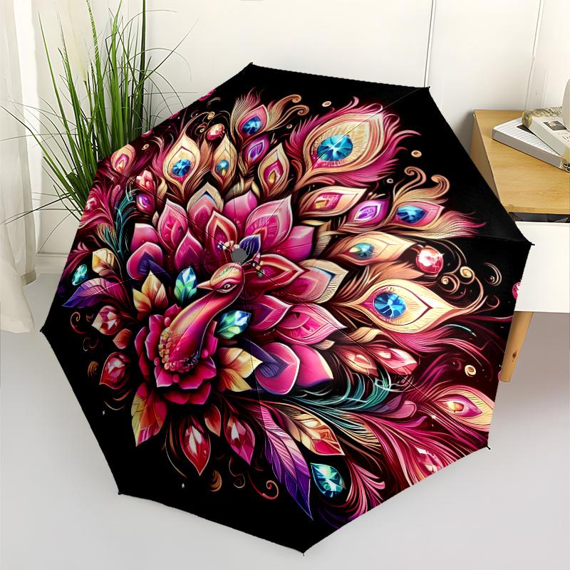 Windproof Portable Automatic Folding Umbrella with Peacock Feather & Gemstone Embroidery, 8-Rib, Plastic Handle
