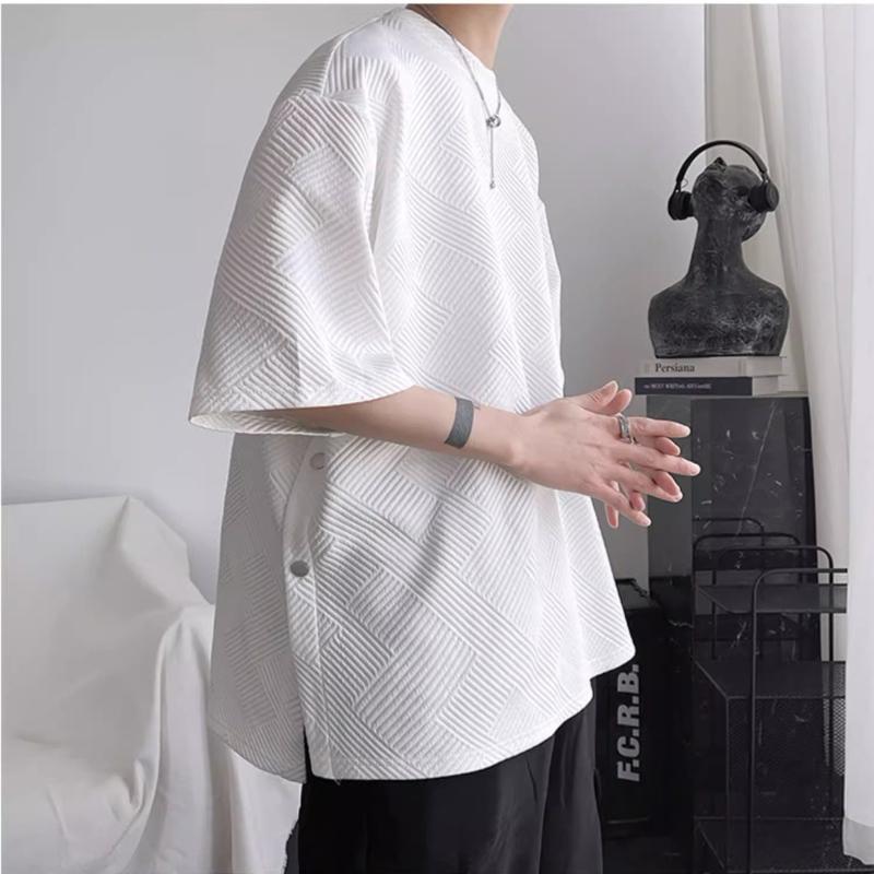 Summer Waffle Short Sleeve T-shirt Men Fashion Retro Oversized T Shirt Men Streetwear Hip Hop Loose Round Neck Tshirt Mens Top