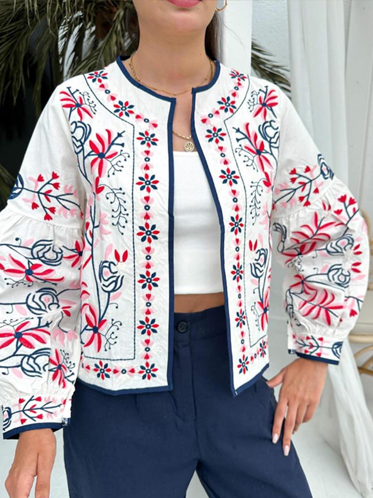 Drucken Frauen Jacke O-Ausschnitt lange Laterne Ärmel dünne kurze Mantel weibliche Frühen Herbst Dame Outwear