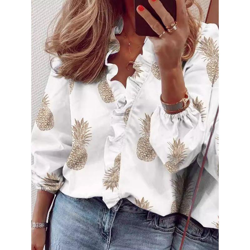 Long-Sleeved Ruffled Shirt for Women Long Sleeves Ruffles V-neck Shirt Shirt