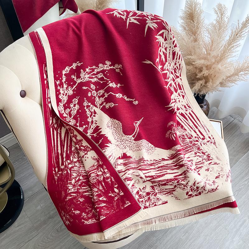 New Bamboo Flowers Scarf For Women Warmer Winter Pashmina Print Scarves Shawls Female Thick Blanket Wraps Foulard
