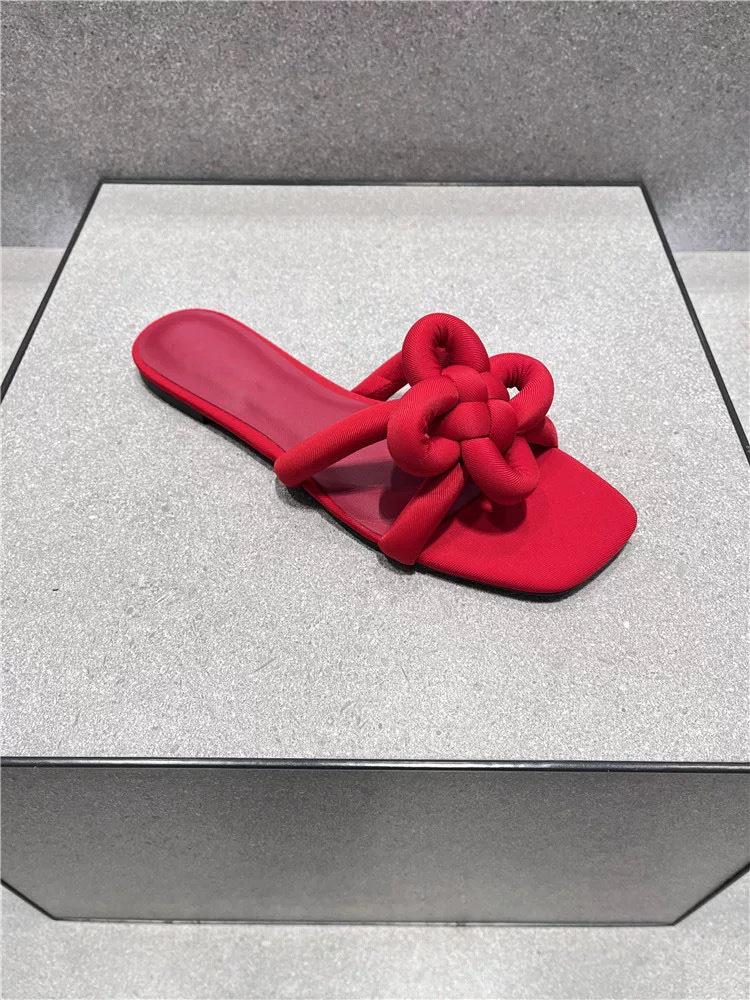 2025 Dámské sandály z pravé kůže červené s čínským uzlem - Čtvercová špička, Jednopáskové, Ležérní, Pro venkovní nošení