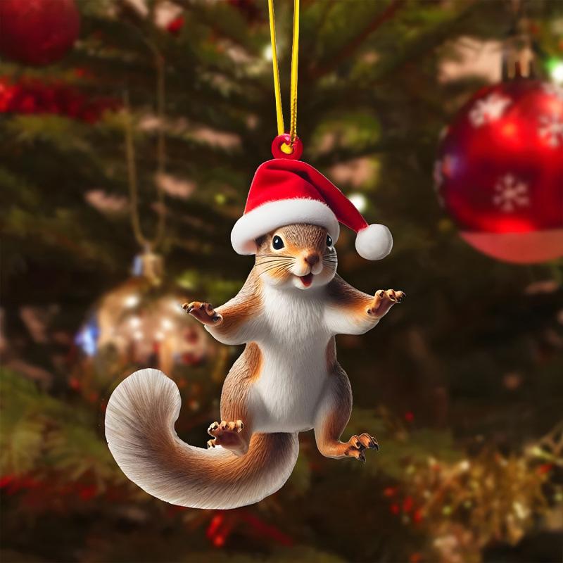2D Christmas Squirrel Pendant Hedgehog Cat Pattern Decorative Acrylic Flat Ornaments Cartoon Animal Car Hanging