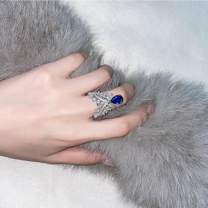 Gica Gema Luxury 925 Sterling Silver Pear Cut Sapphire Created Moissanite Gemstone Hyperbole Cocktail Ring Ladies Fine Jewelry