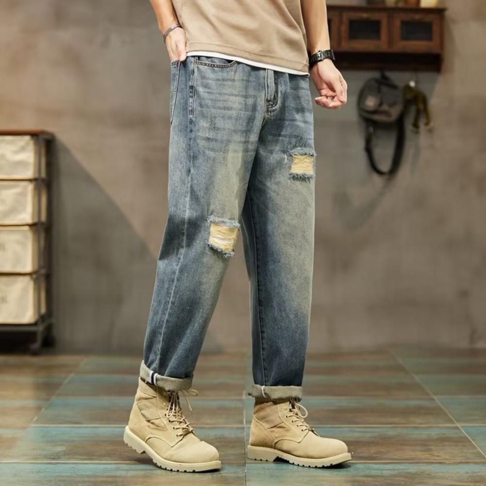 Men Jeans Gradient Color Loose Fit Denim Pants with Multi Pockets Button Zipper Fly Harem Pants Streetwear