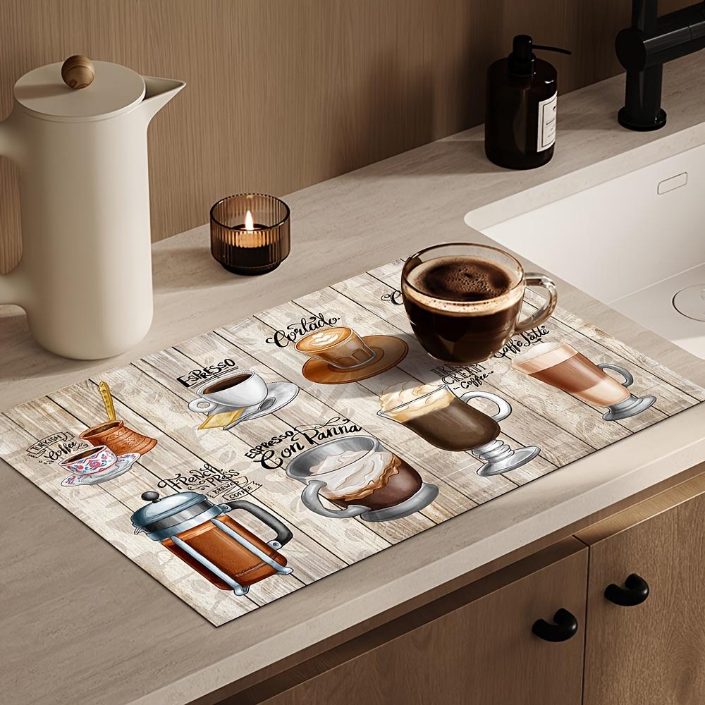 1Pcs Rubber Drying Mat With Vintage Wood  Coffee Print For Coffee Shop Kitchen Carpet Tableware Durable Diatom Mud Table Mat Pet Mat Coffeeware
