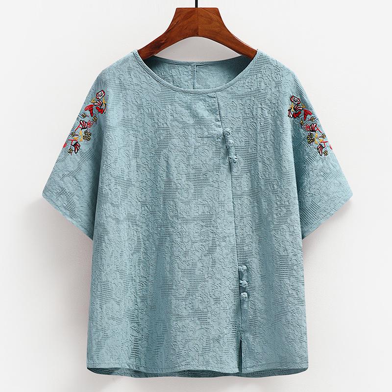 Haut brodé en coton style chinois à manches courtes pour femmes âgées - Ensemble t-shirts d'été pour mamans et grands-mères