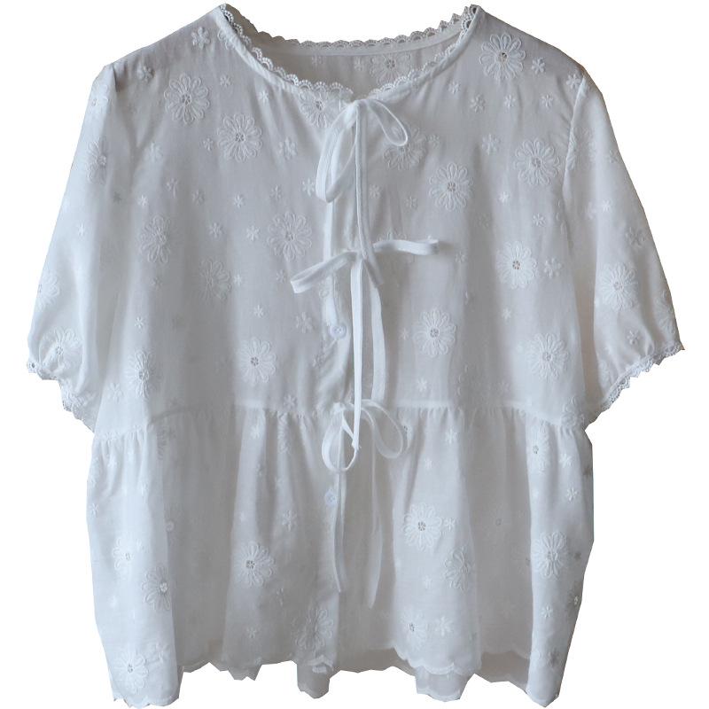 Bi Zheng 2025 Hollow Lace Puff Sleeve Embroidered Shirt for Women