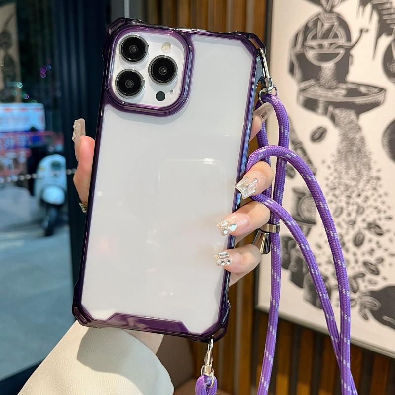 Lanyard Transparent Case For iPhone 15 Pro 14 13 12 11 Pro Max XR X XS Plus Crossbody Cord Four Corners Strap Shockproof Cover