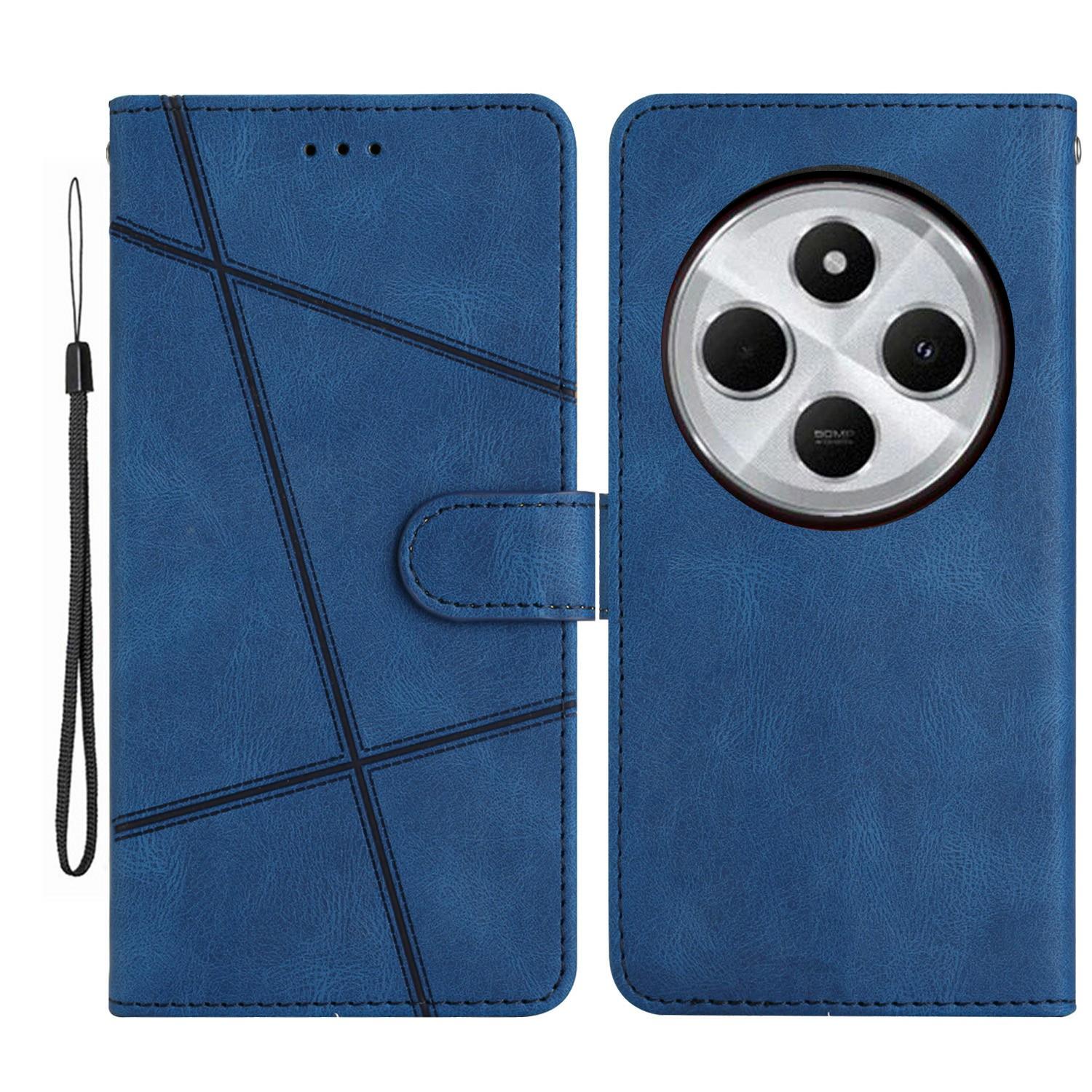 

For Xiaomi Poco C75 4G/Redmi 14R 5G/14C 4G Wallet Case Line Imprinted Skin-Touch Anti-Drop Leather Flip Phone Cover Blue