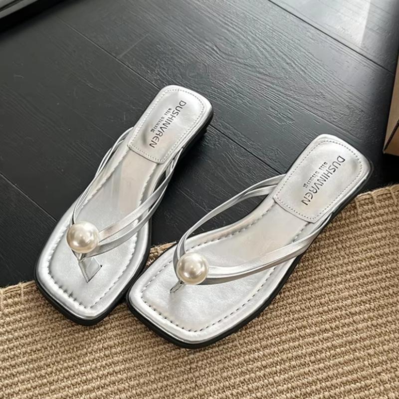 Fashion Bead Designer Women Heeled Slippers Clip Toe Sandals Woman Flip Flops Fashion Slides Summer 2025 New Elegant Sandalias De Mujer