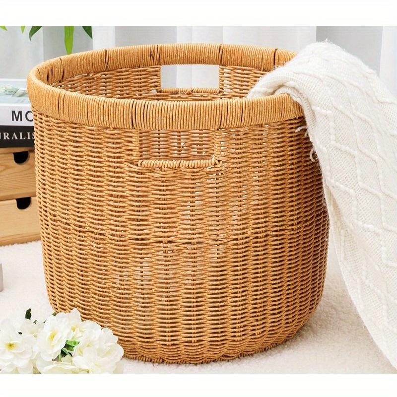 Woven rattan handle dirty clothes bucket, circular clothes storage bucket, bathroom plastic laundry basket, storage basket