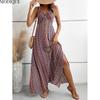 MODIQUE 2025 Summer New Women's Retro Sexy Deep V-Neck Backless Sleeveless Print Split Slip Long Dress Ladies Casual A-Line Dress