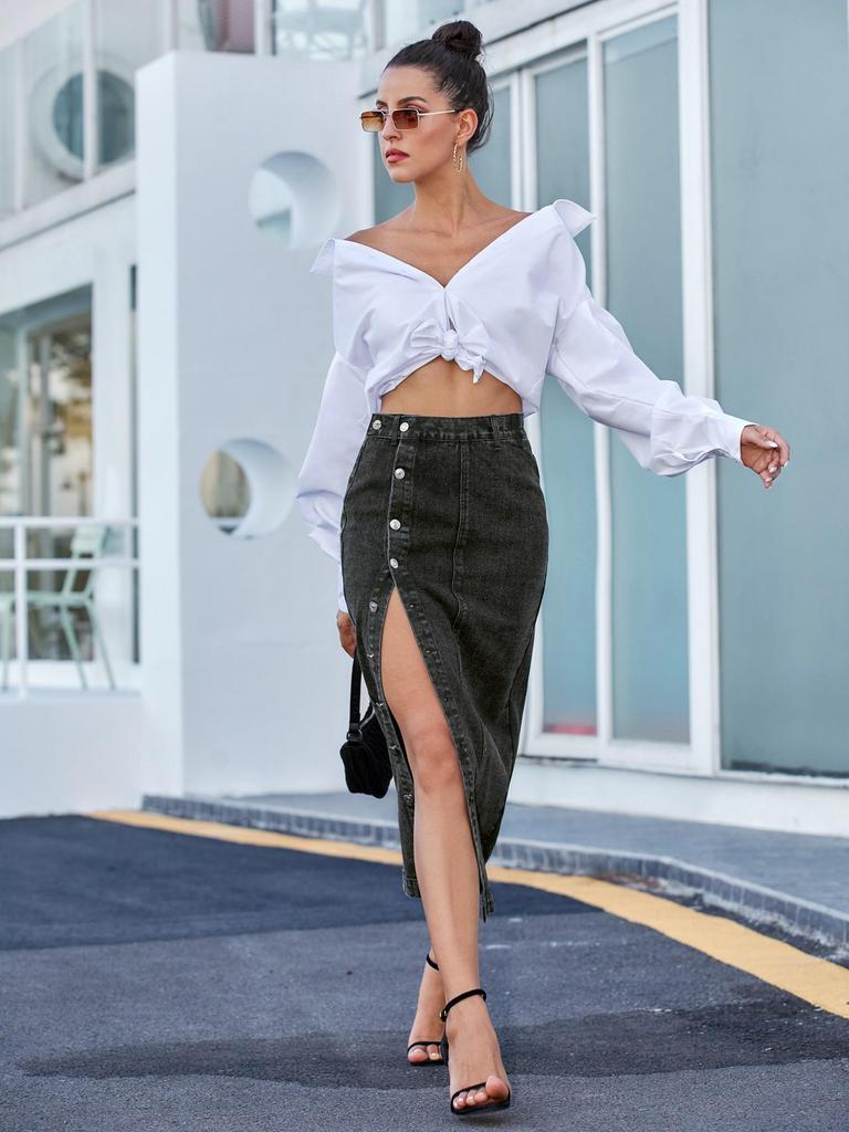 Women's European & American High Waist Irregular Slit Denim Long Skirt
