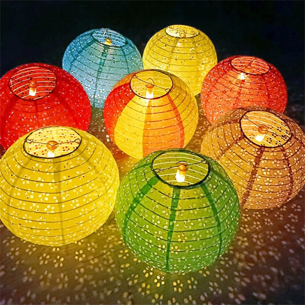 DUOLEIMI Paper Lanterns for Obon Festivals, Openwork Paper Lanterns with LEDs, Colorful, Set of 10 (30cm Round)