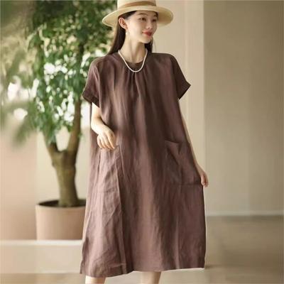 Women O-Neck Short Sleeve Dresses Vintage Solid Color Patchwork Pockets Summer Loose Casual Dress
