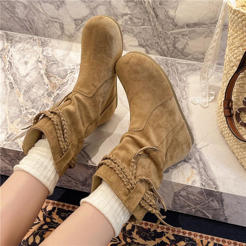 2025 thick-soled inner heightening boots retro style knight boots matte fringed hemp rope medium tube fashion boots stacking boots