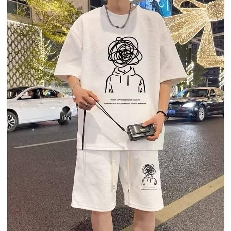 Trendy American-Style Summer Set for Young Men: Short-Sleeved T-Shirt & Five-Point Shorts