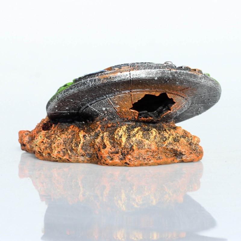 Sunken Spaceship Aquarium Decorations UFO Ornaments Resin Material Betta Hideout for Small Medium Fish for Tank