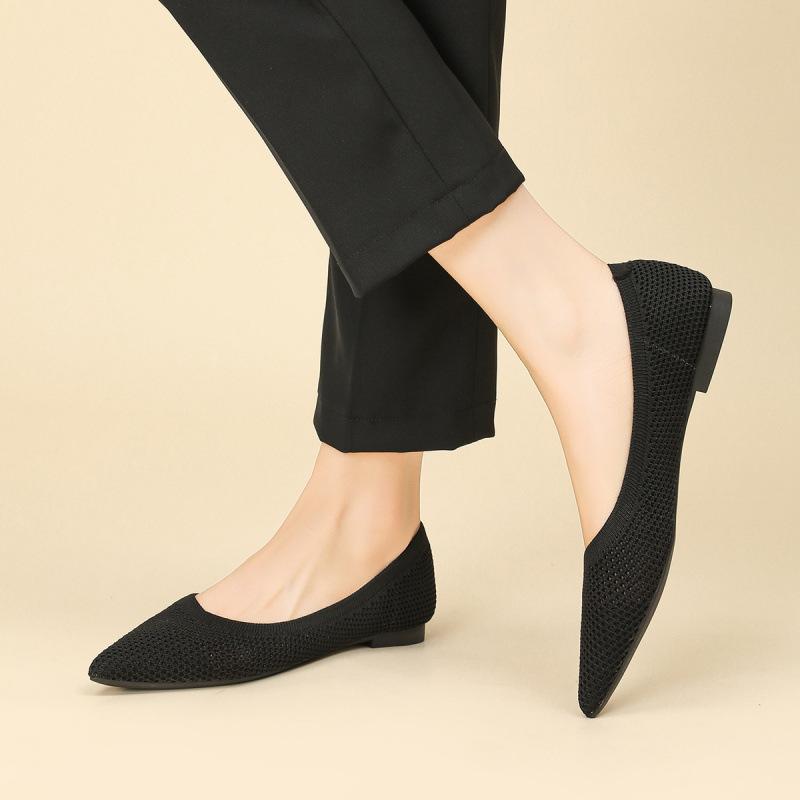 Gestrickte Einzelschuhe Damen neue Ein-Pedal-Weichsohlen-Fliegenstrickschuhe hohl und atmungsaktiv flachmündig spitz flache Schuhe