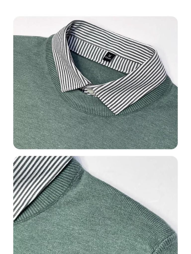 Men's High-End Faux Two-Piece Striped Sweater with Shirt Collar - Versatile Knit Base Layer for Autumn/Winter.